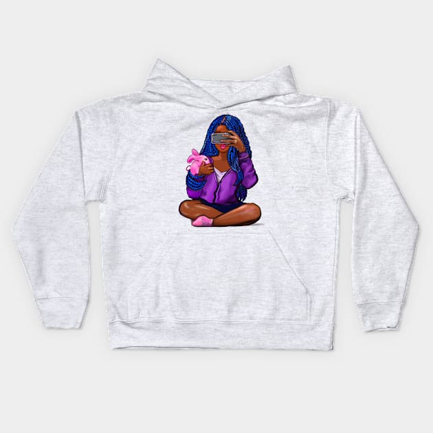 Cool edgy girl with natural afro hair in pink braids and camera phone black girl Magic. “African American woman”,teenager, African American teen Kids Hoodie by Artonmytee